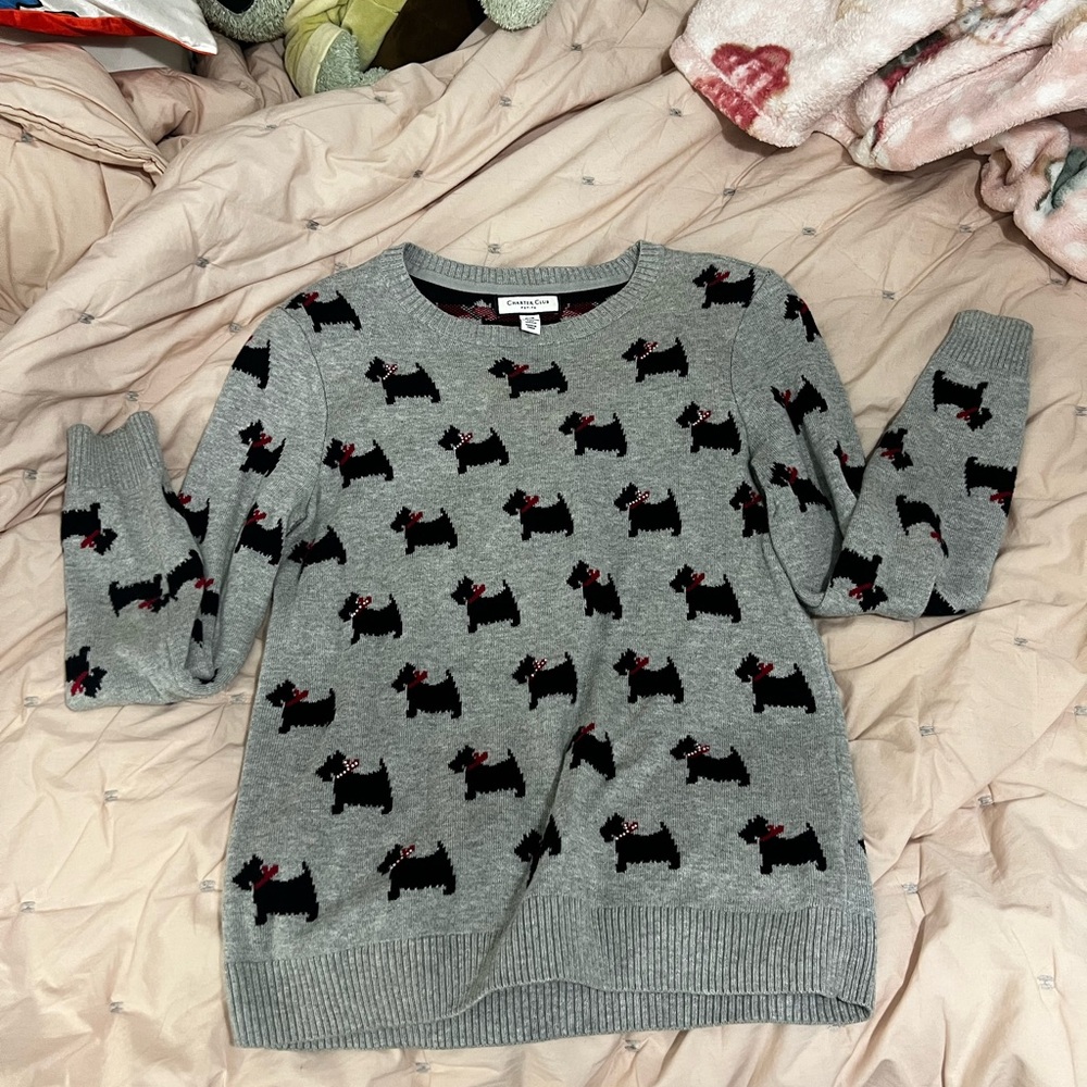 Charter Club Gray Sweater with Black and Red Dog Pattern
